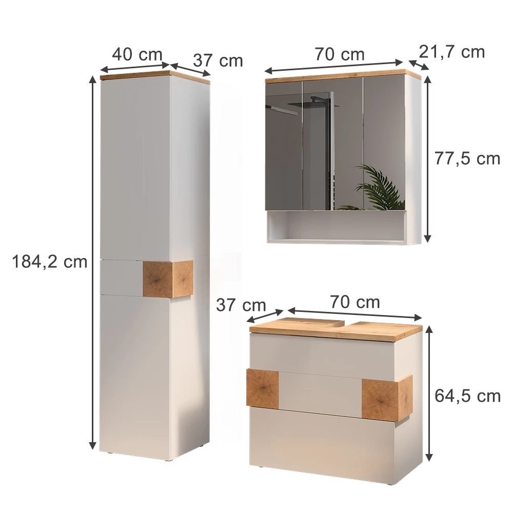 Badmöbel-Set in Weiß auf weißem Hintergrund mit sichtbaren Maßen