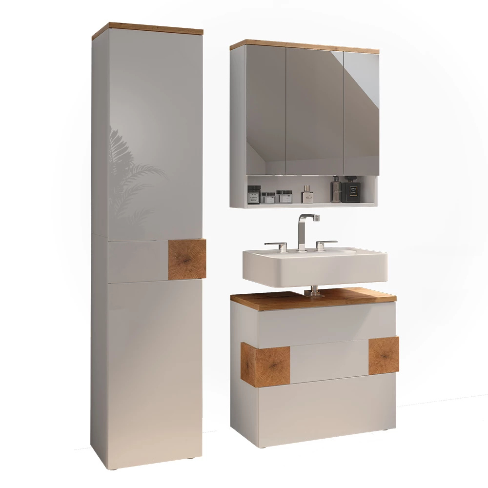 Badmöbel-Set in Weiß auf weißem Hintergrund mit dekorativen Elementen