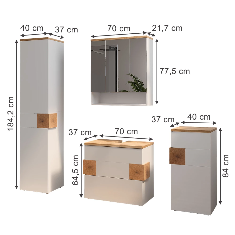 Badmöbel-Set in Weiß auf weißem Hintergrund mit sichtbaren Maßen
