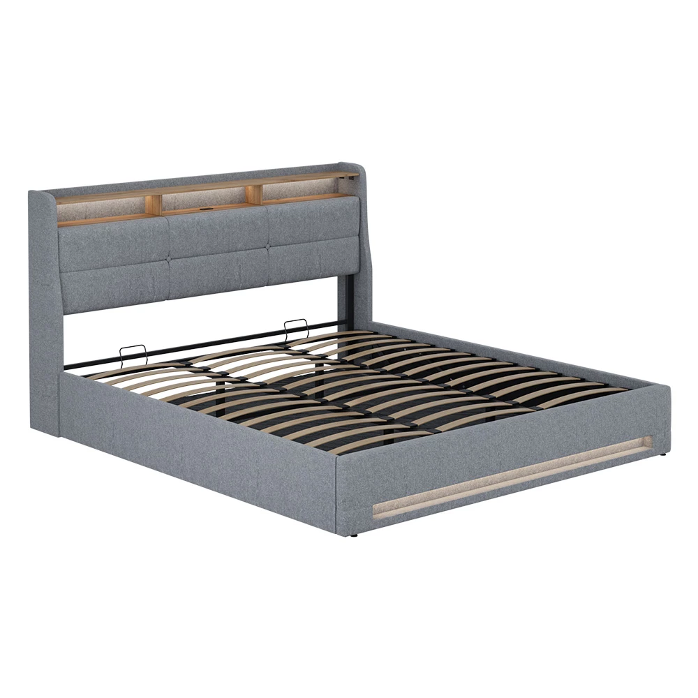 Polsterbett in Grau/Eiche on white background