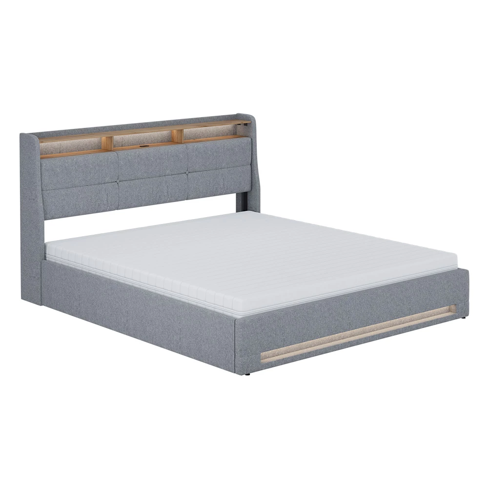 Polsterbett in Grau/Eiche on white background