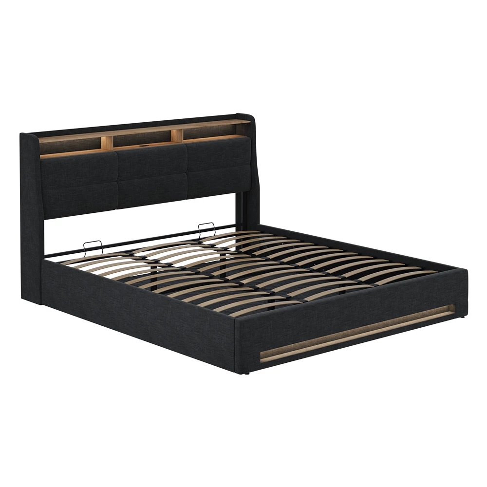 Polsterbett in Anthrazit/Eiche on white background