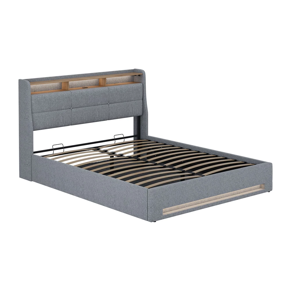 Polsterbett in Grau/Eiche on white background