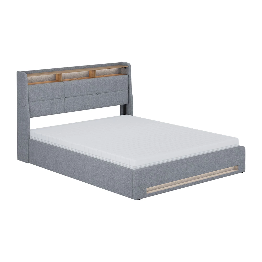 Polsterbett in Grau/Eiche on white background