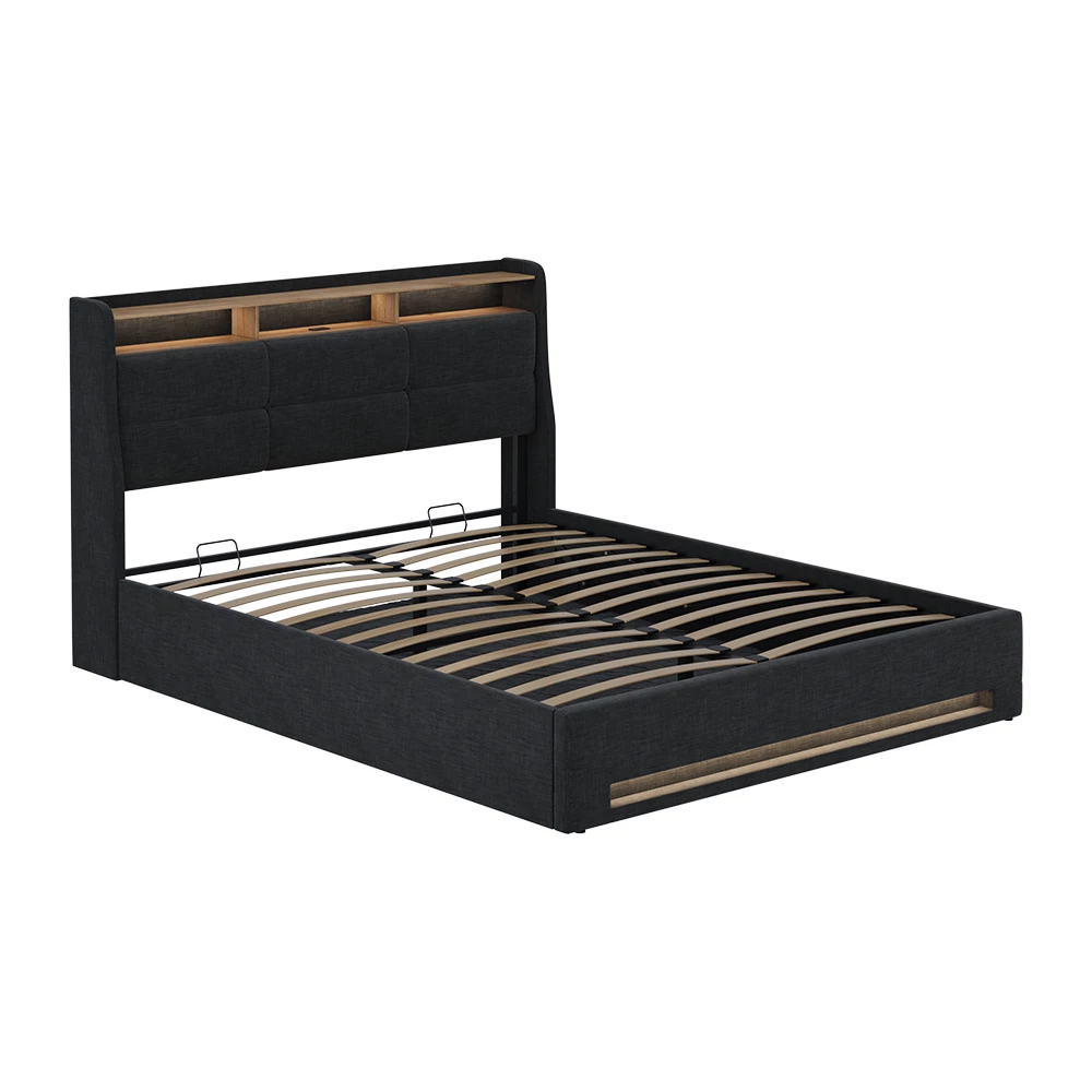 Polsterbett in Anthrazit/Eiche auf weißem Hintergrund