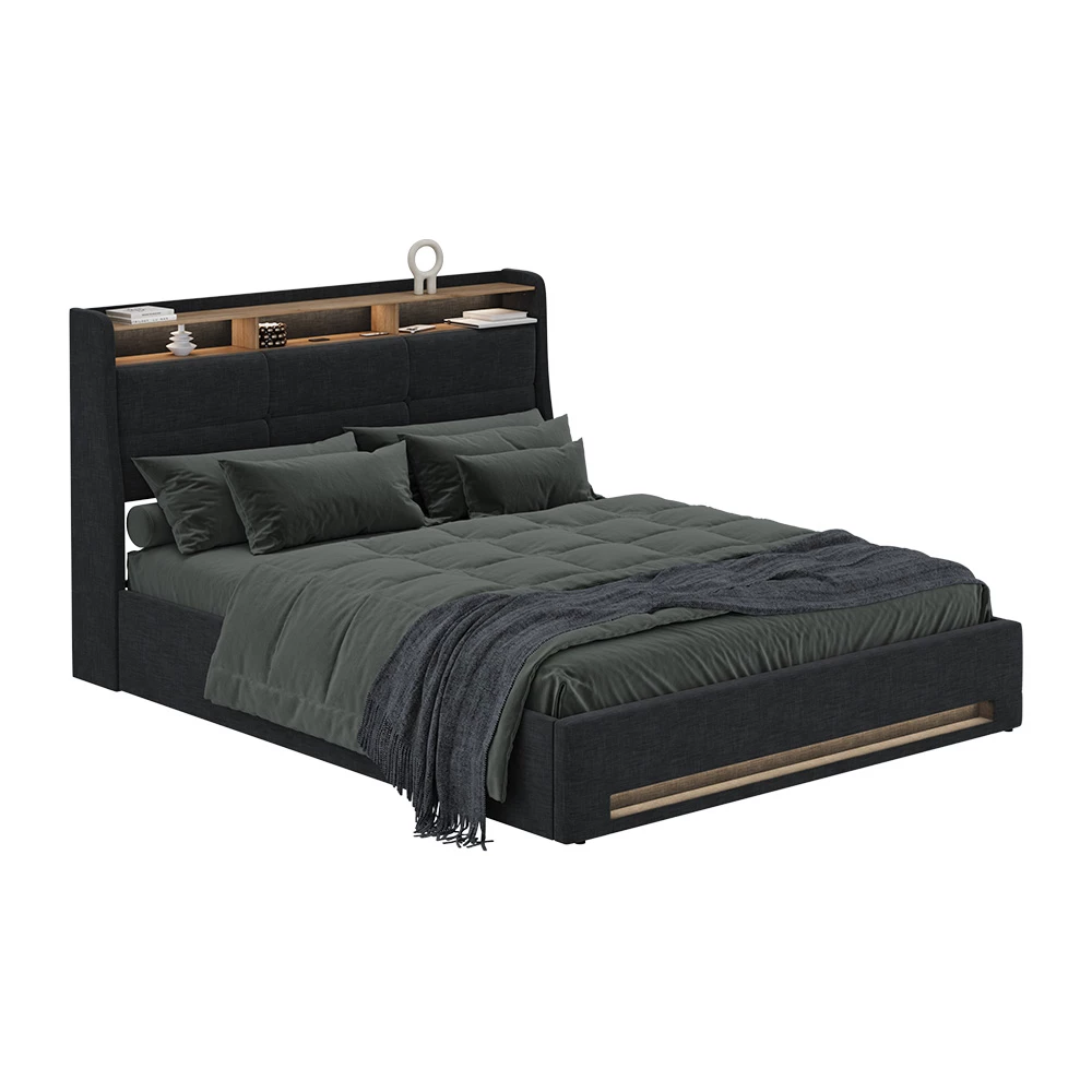 Lit rembourré en anthracite/chêne sur fond blanc avec des éléments décoratifs