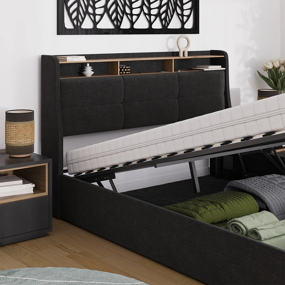 Gros plan de Lit rembourré en anthracite/chêne, montrant le design et les détails de surface