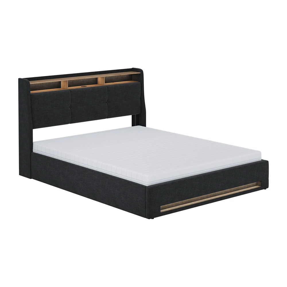 Polsterbett in Anthrazit/Eiche auf weißem Hintergrund