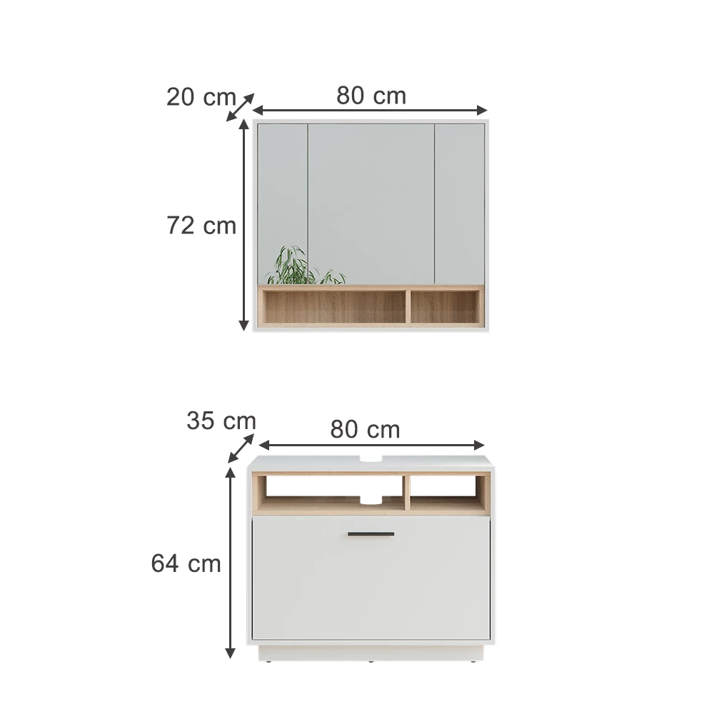 Set di mobili da bagno in Bianco/Sonoma su sfondo bianco con dimensioni visibili