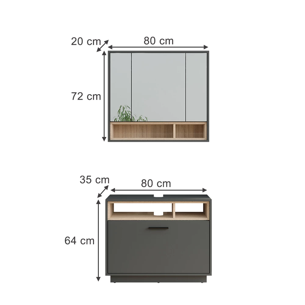 Zestaw mebli łazienkowych w kolorze Antracyt/Sonoma na białym tle