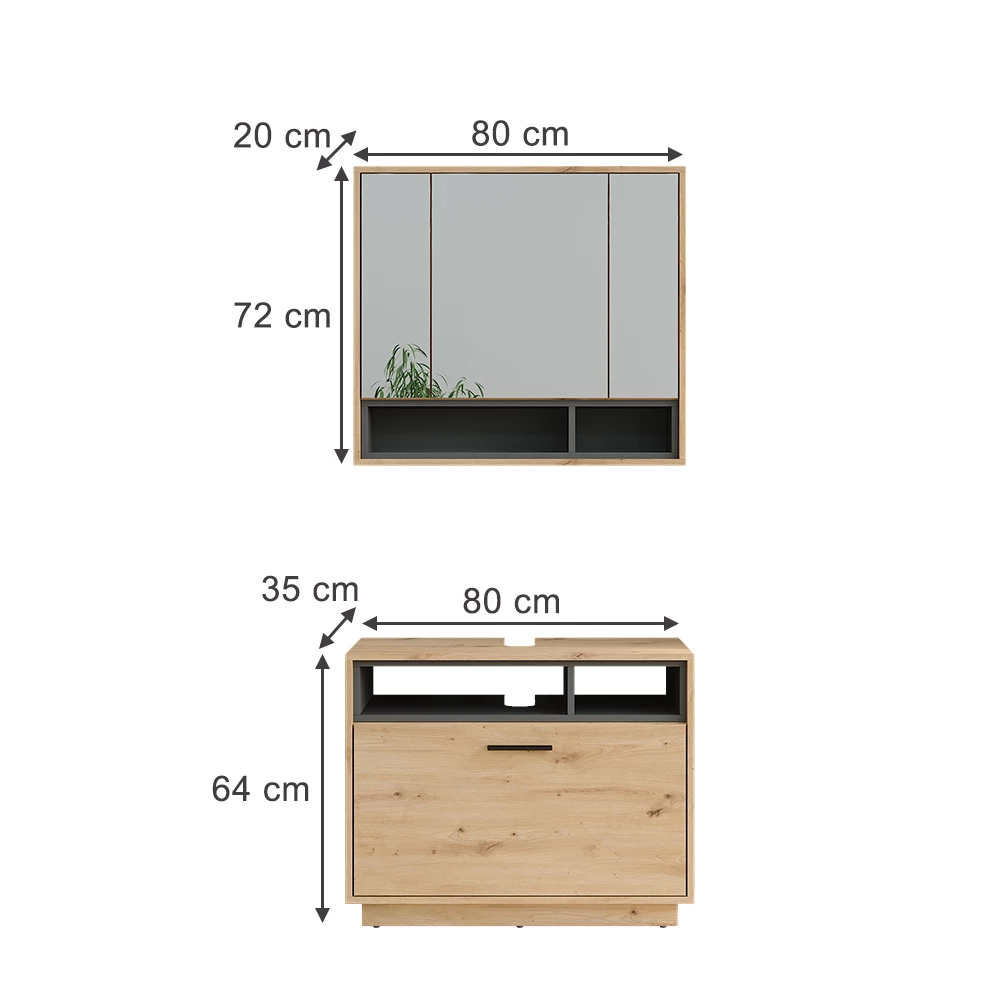 Badkamermeubelset in Artisanaal eiken/antraciet op een witte achtergrond met zichtbare afmetingen