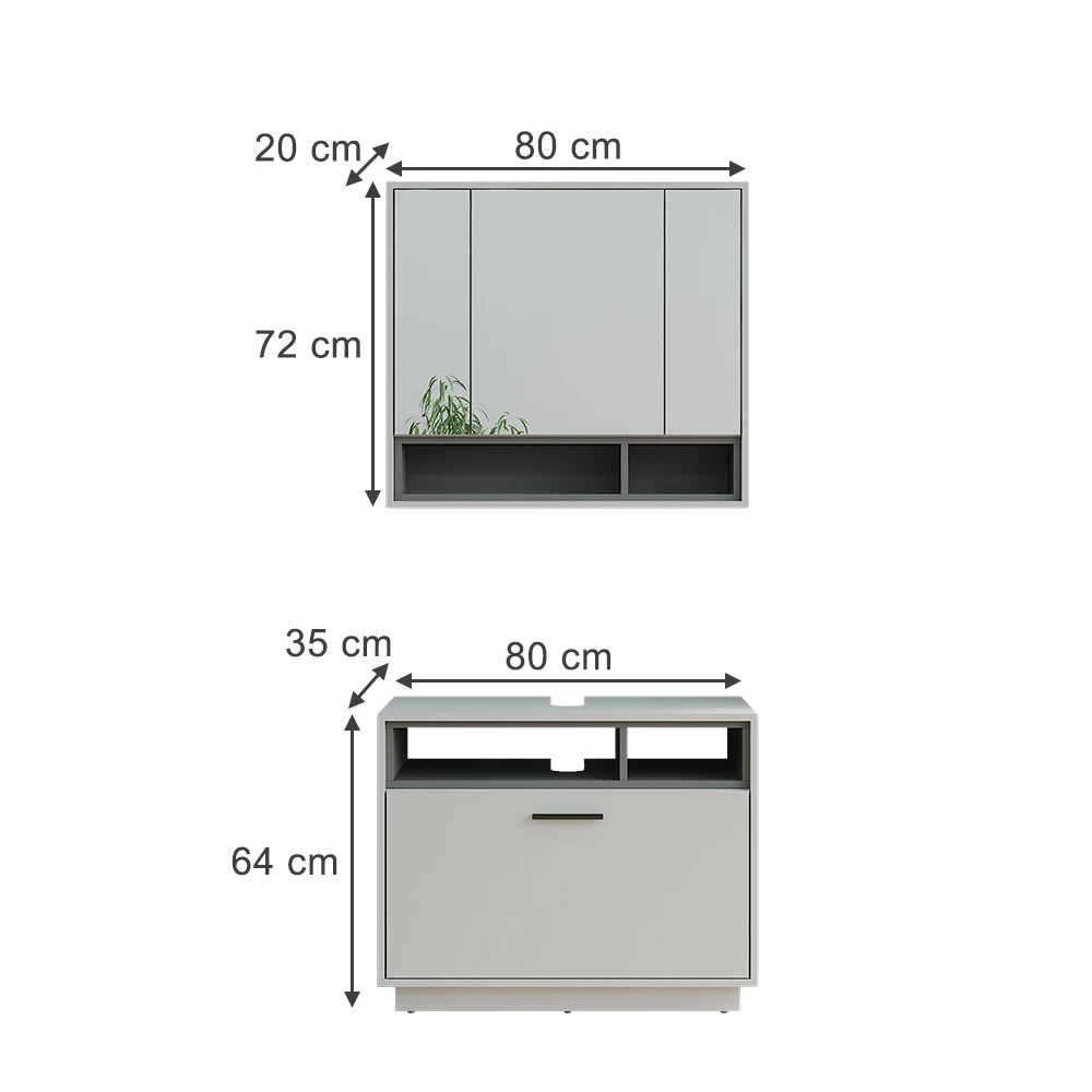 Ensemble de meubles de salle de bains en Gris/Anthracite sur fond blanc avec dimensions visibles