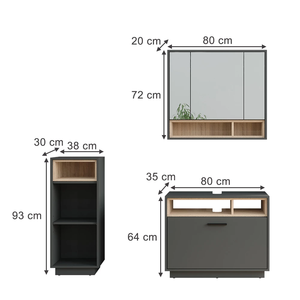 Badkamermeubelset in Antraciet/Sonoma op een witte achtergrond met zichtbare afmetingen