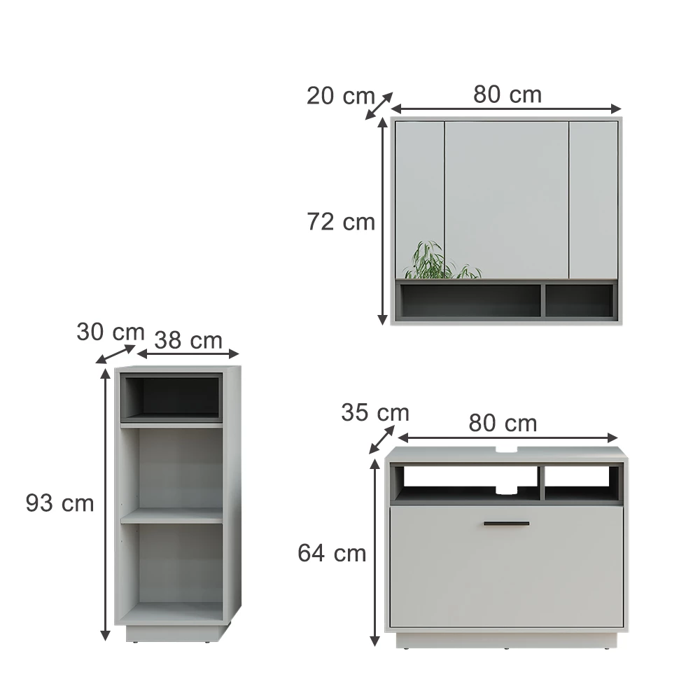 Set di mobili da bagno in Grigio/antracite su sfondo bianco con dimensioni visibili