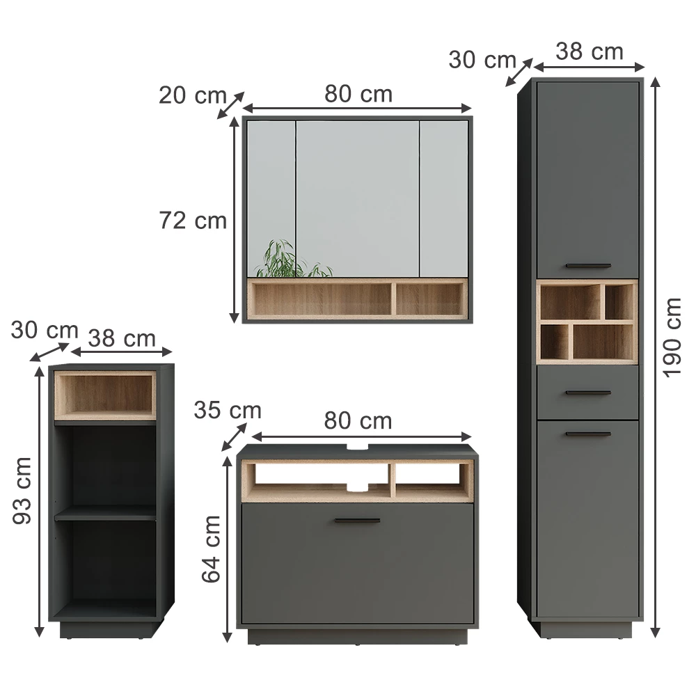 Badkamermeubelset in Antraciet/Sonoma op een witte achtergrond met zichtbare afmetingen