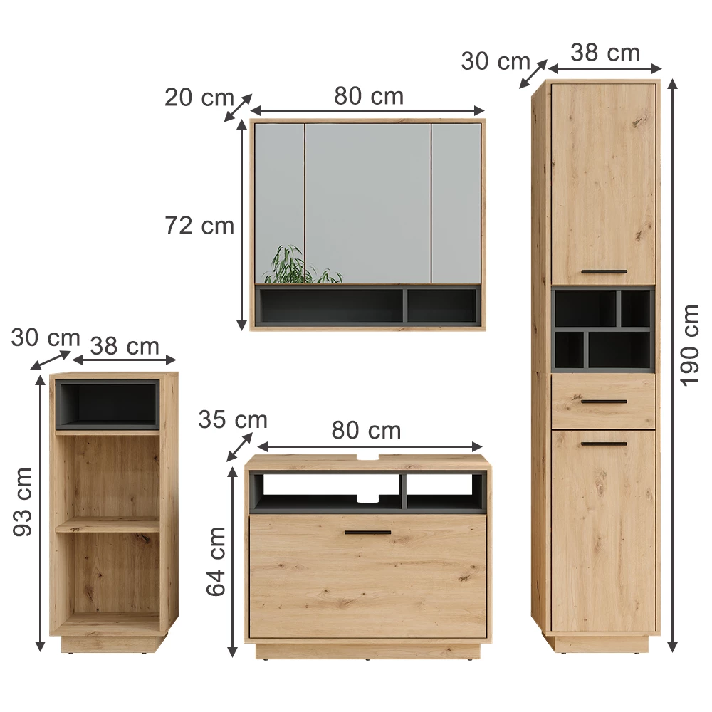 Kylpyhuonekalustesarja in Käsityöläinen tammi/antrasiitti on white background