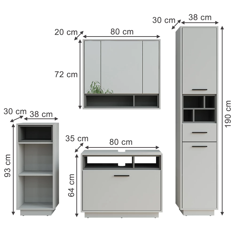 Badkamermeubelset in Grijs/antraciet op een witte achtergrond met zichtbare afmetingen