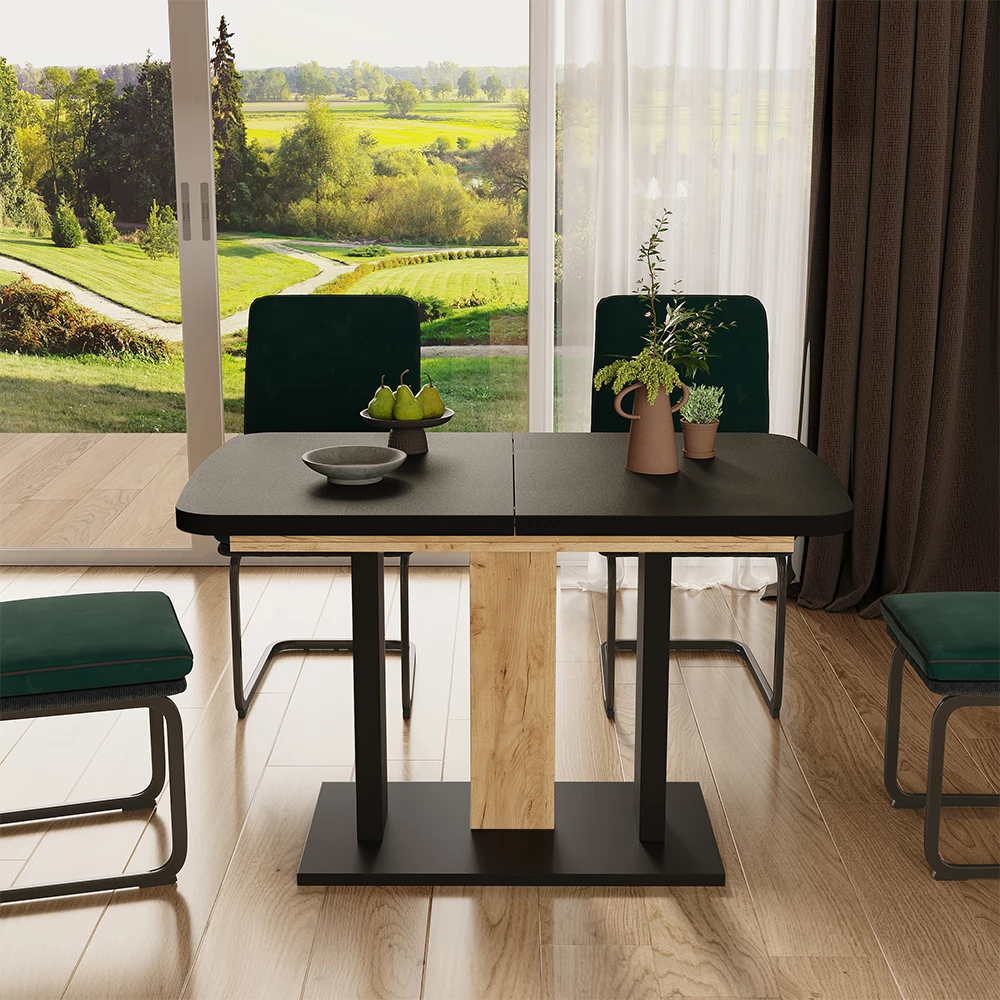 Table à Manger Extensible Fenaro 120x80cm (jusqu'à 160cm) - Noir/chêne, Plateau Mélaminé, Pied Métal Et MDF, Idéale Salle à Manger - 4