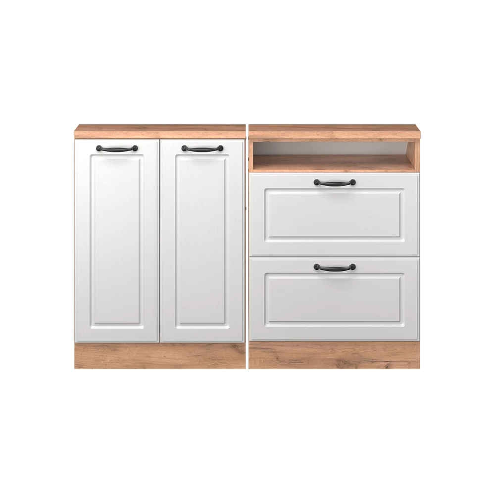 Küchenschrank für Dachschrägen in Weiß Landhaus/Goldkraft Eiche auf weißem Hintergrund