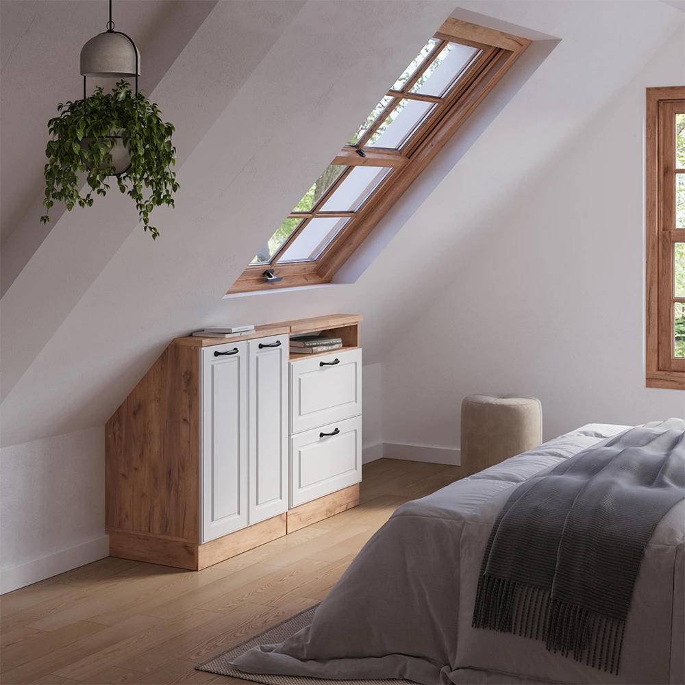 Kitchen cabinet for sloping roofs in White country house/gold oak on white background