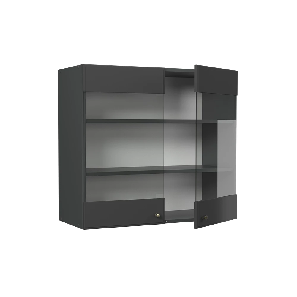 Armoire en verre en Anthrazit-Gold Landhaus sur fond blanc avec des éléments décoratifs