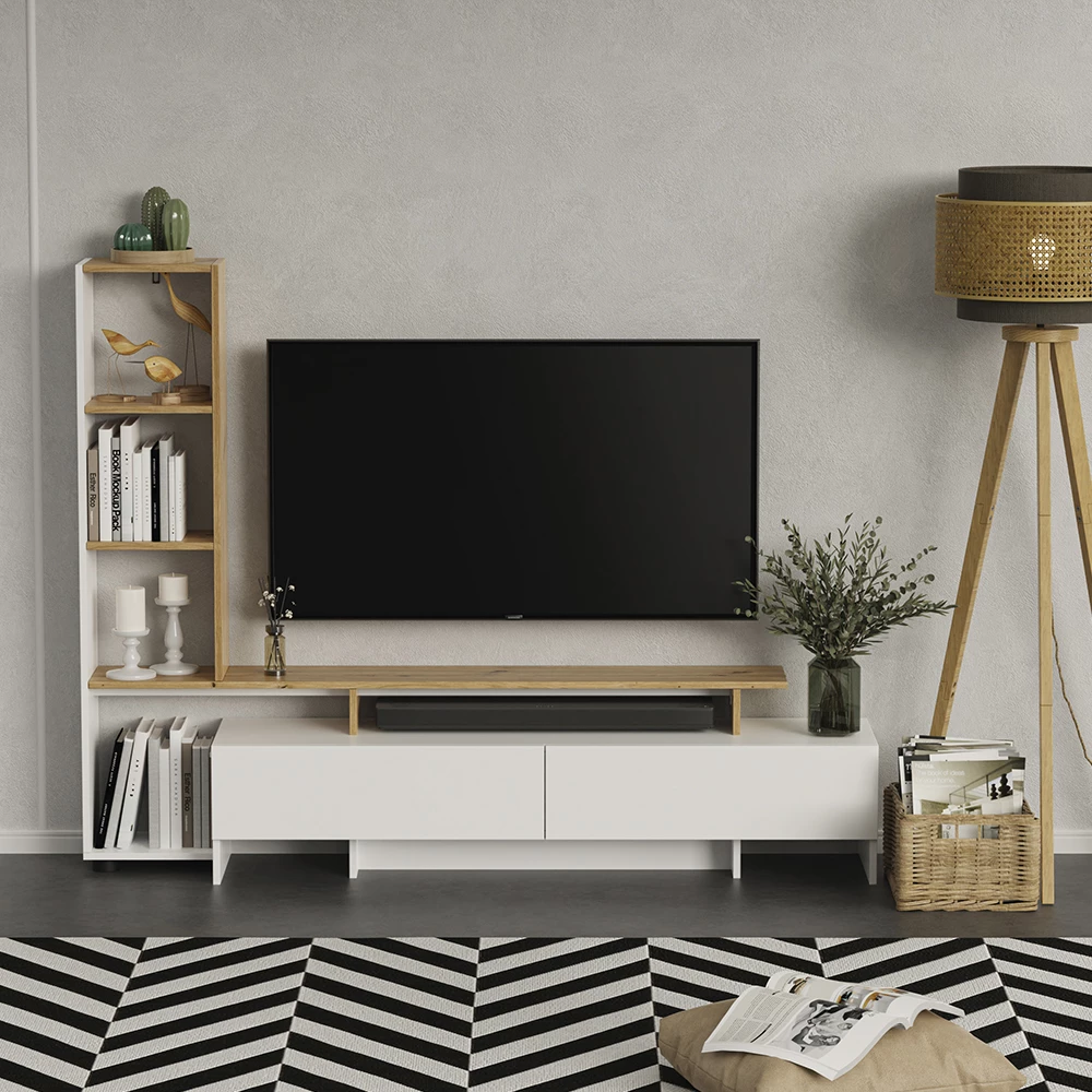 Lowboard in Weiß/Eiche auf weißem Hintergrund