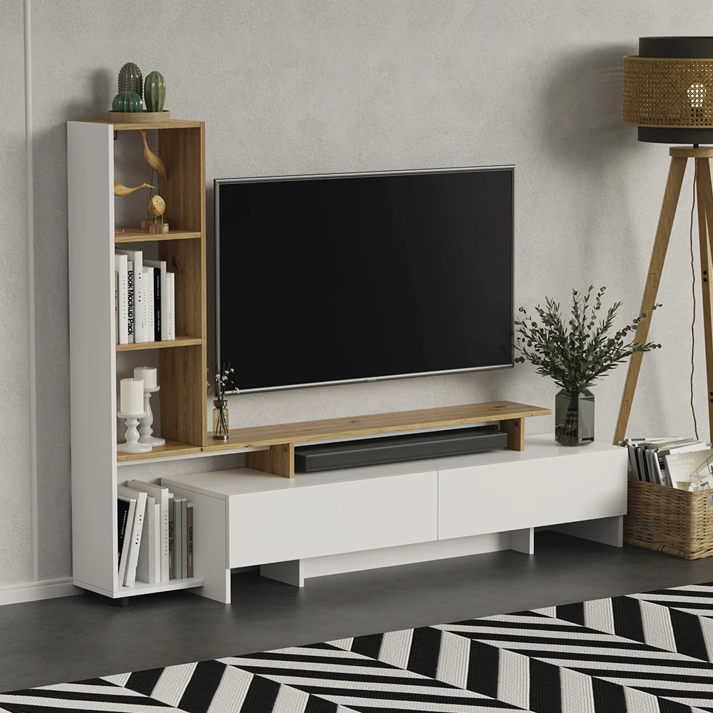 Mobile TV Tavora, 168x120 Cm, Bianco/Quercia - Con 2 Cassetti E Ripiani, Per Soggiorno O Camera