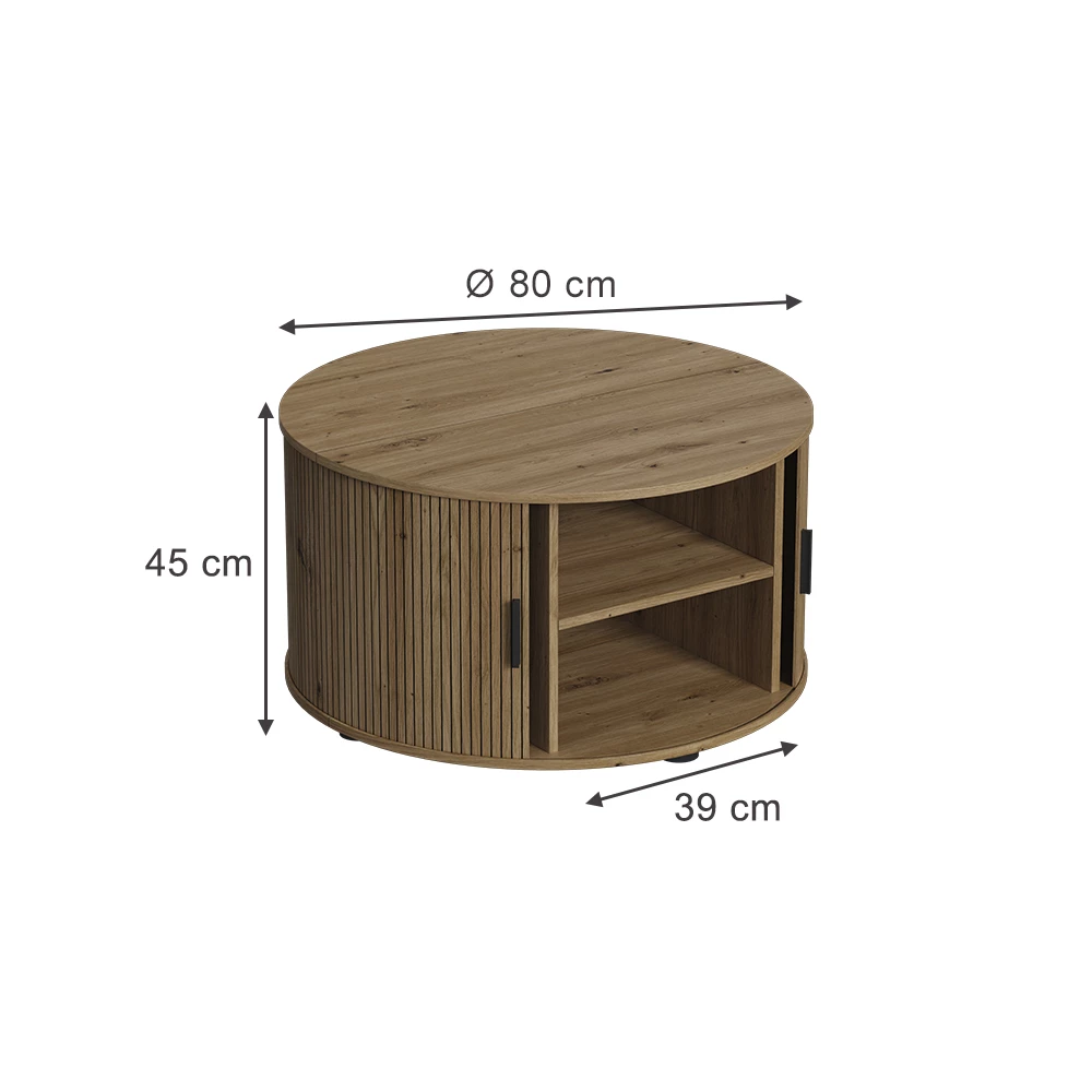 Table basse en Chêne sur fond blanc avec dimensions visibles