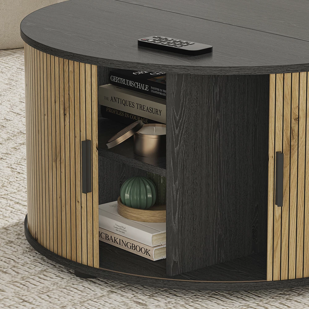 Gros plan de Table basse en Chêne/noir, montrant la texture/les détails