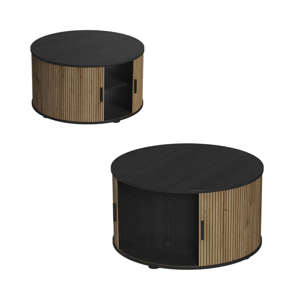 Gros plan de Table basse en Chêne/noir, montrant le design et les détails de surface