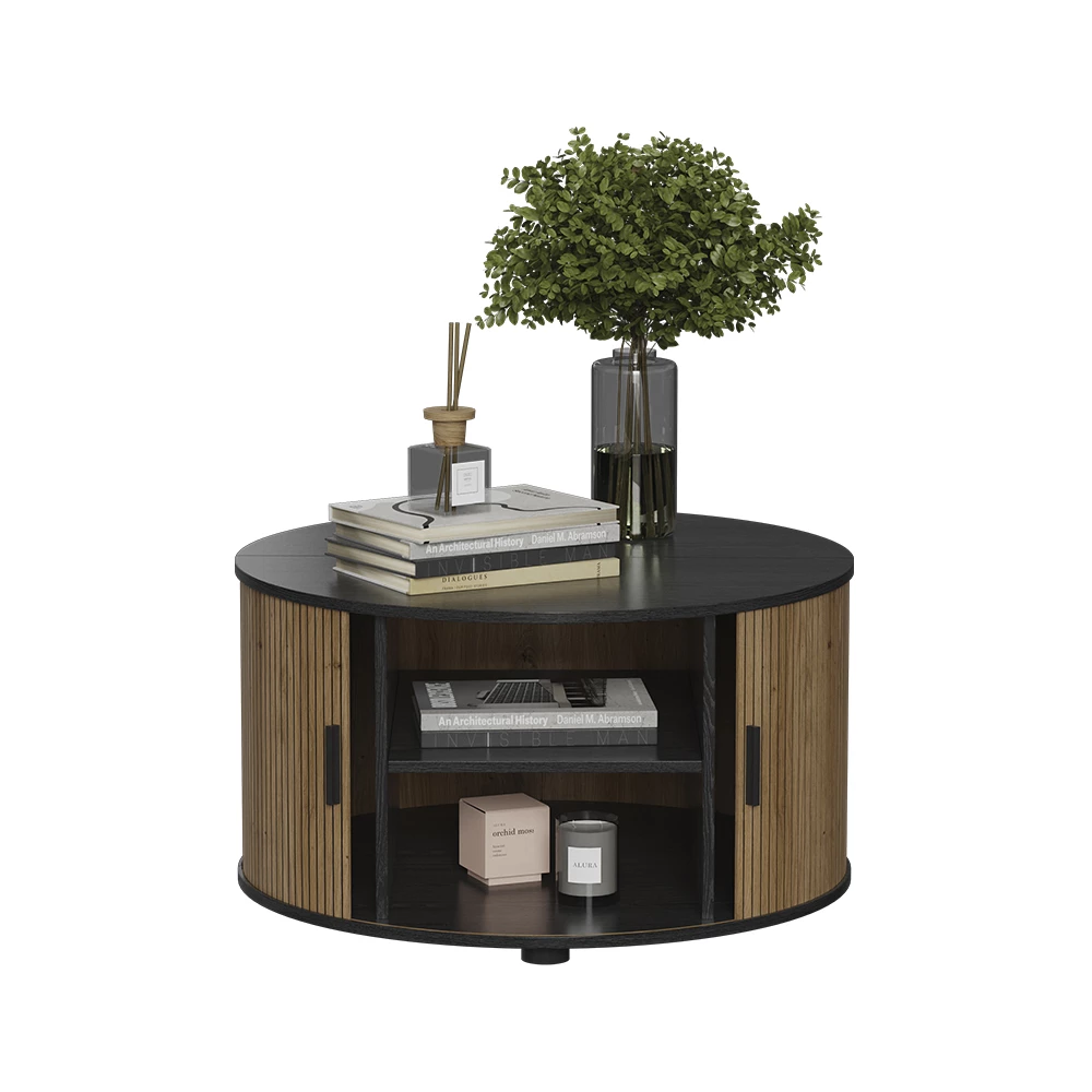 Table basse en Chêne/noir sur fond blanc avec des éléments décoratifs