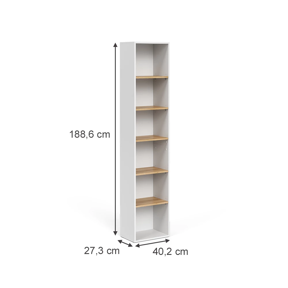 Hochregal in Weiß/Artisan auf weißem Hintergrund mit sichtbaren Maßen
