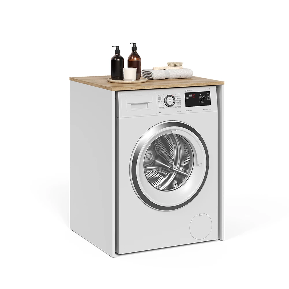 Mobile lavatrice in Bianco/Artisan su sfondo bianco con elementi decorativi