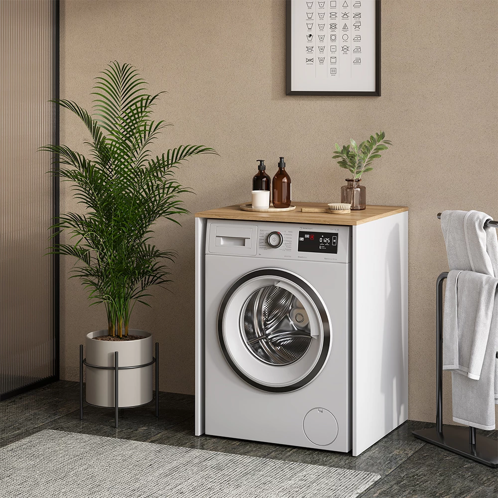 Mobile lavatrice in Bianco/Artisan, mostrato in un ambiente ambientale con decorazioni