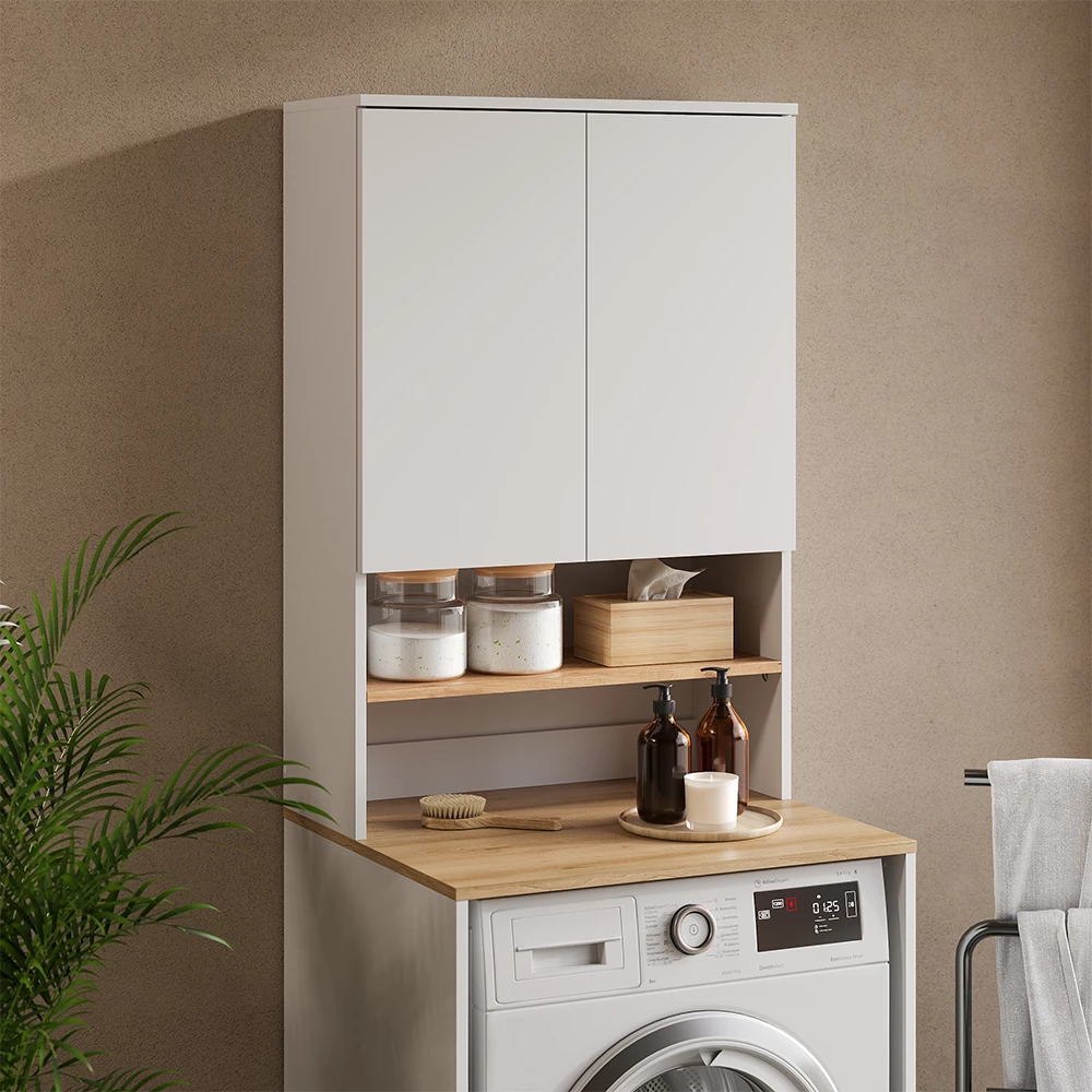 Mobile lavatrice in Bianco/Artisan, mostrato in un ambiente ambientale con decorazioni