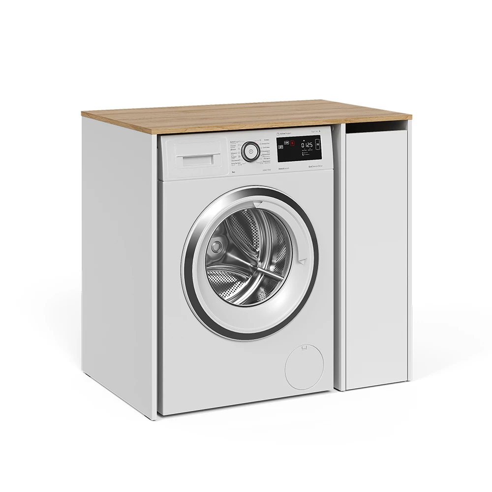 Waschmaschinenschrank in Weiß/Artisan auf weißem Hintergrund mit dekorativen Elementen