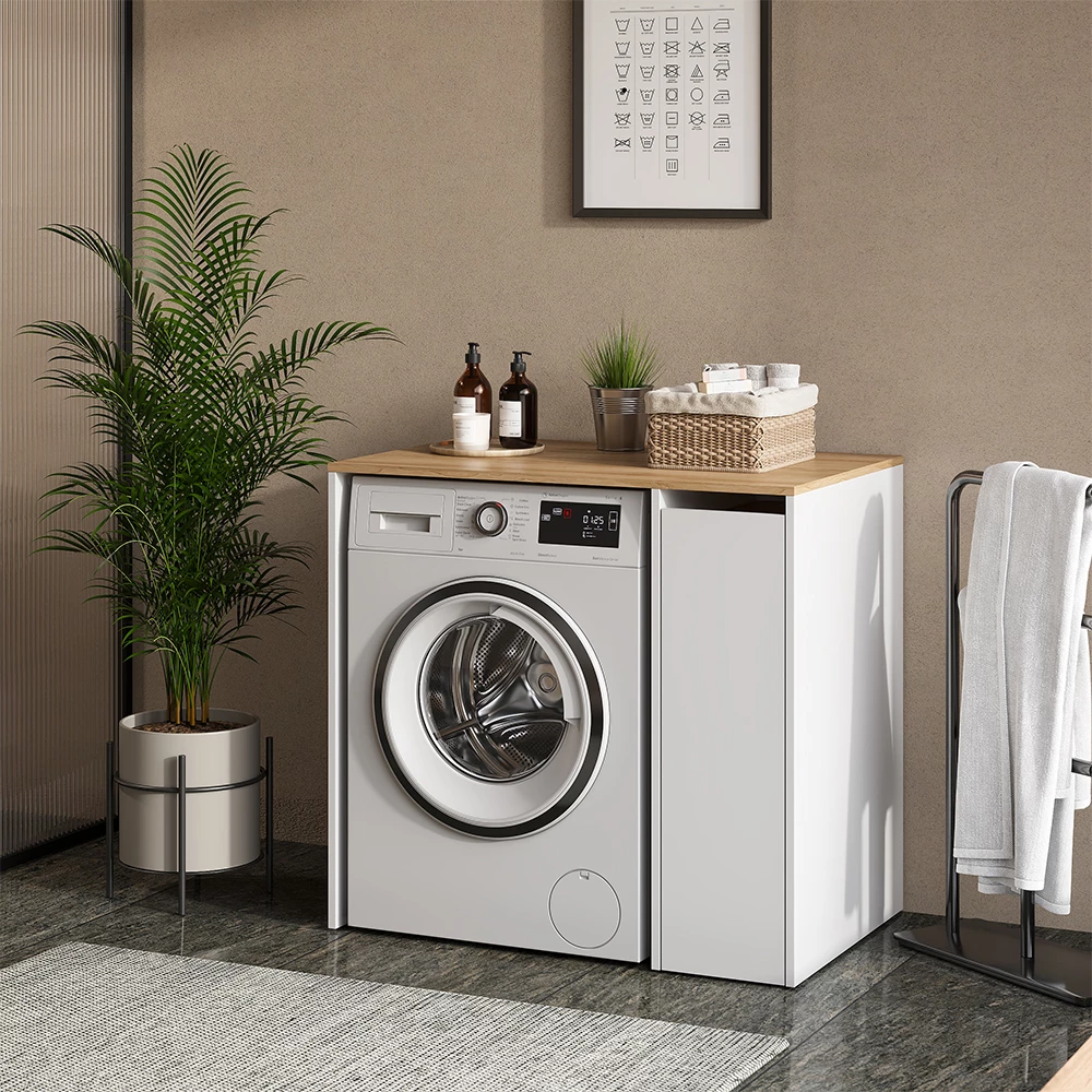 Waschmaschinenschrank in Weiß/Artisan, dargestellt im Ambiente mit Dekoration