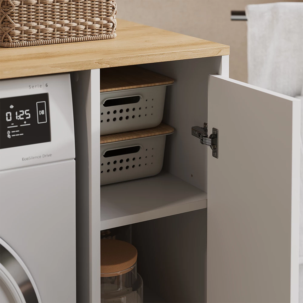 Nahaufnahme von Waschmaschinenschrank in Weiß/Artisan, zeigt Textur/Details