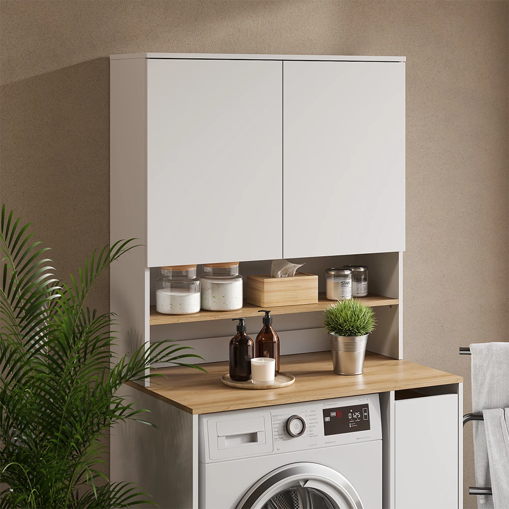 Waschmaschinenschrank in Weiß/Artisan, dargestellt im Ambiente mit Dekoration