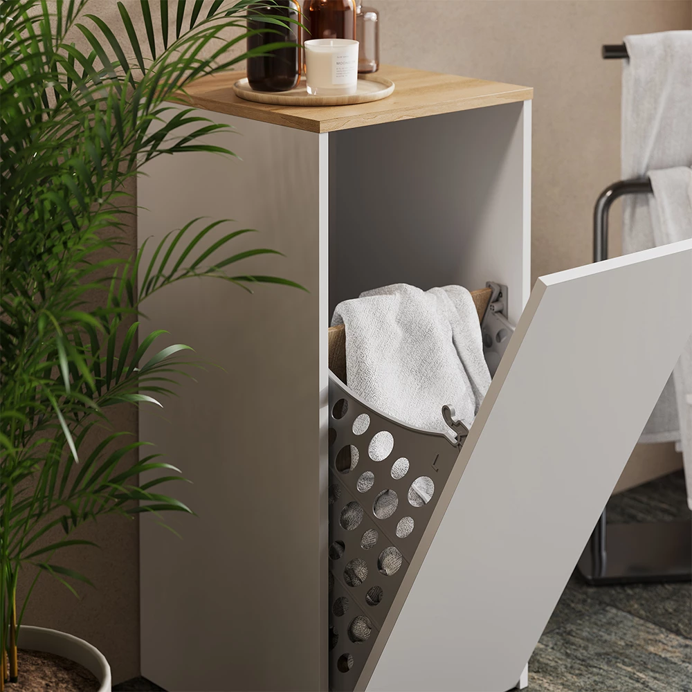 Nahaufnahme von Badschrank in Weiß/Artisan, zeigt Textur/Details