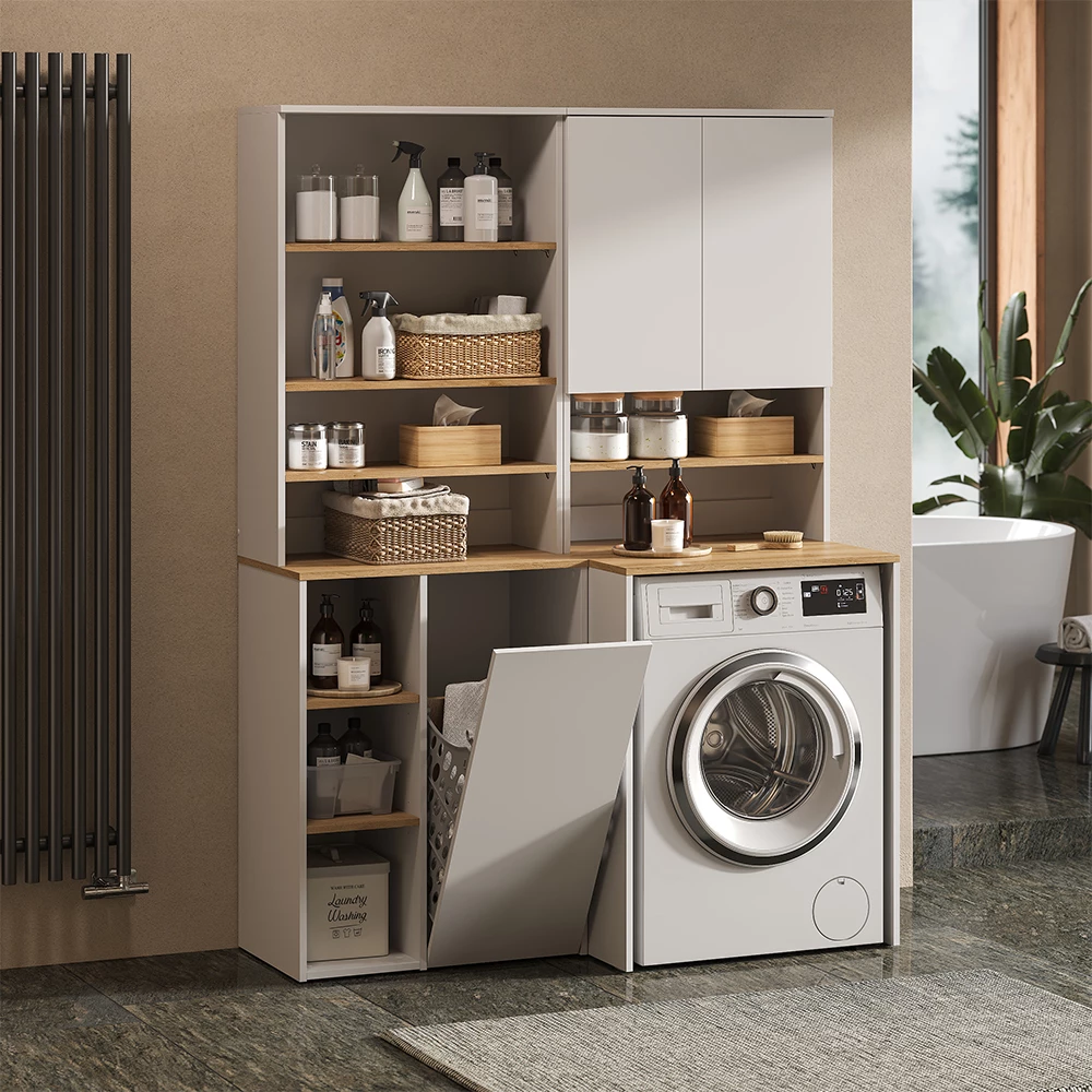 Badkamerkast Viktor Wit/Kunstnijverheid 68 x 88.2 cm met open schappen en wasmand Vicco