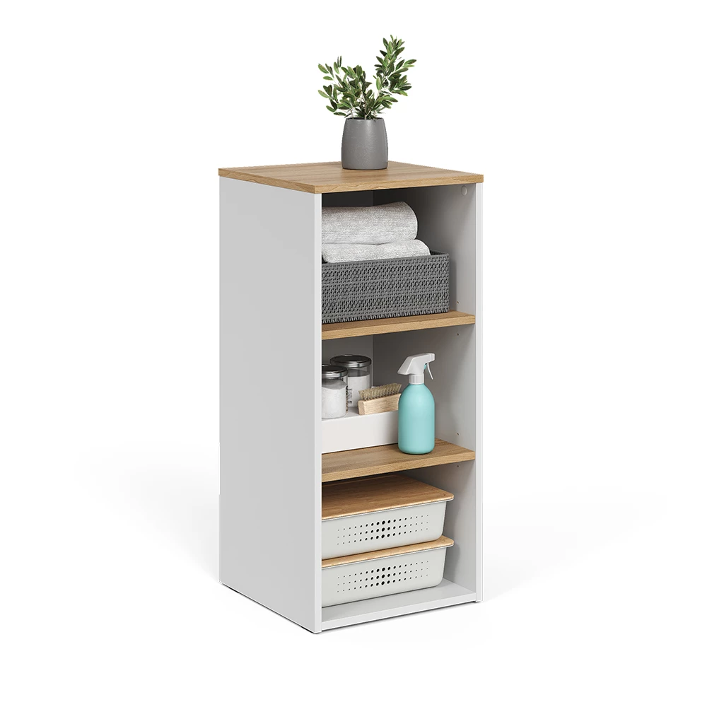 Meuble salle de bain en Blanc/Artisan sur fond blanc avec des éléments décoratifs