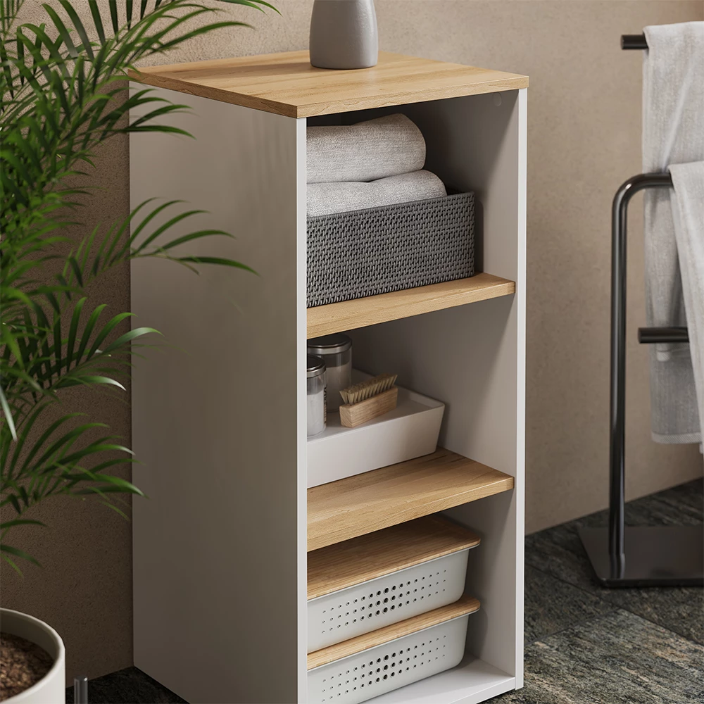 Gros plan de Meuble salle de bain en Blanc/Artisan, montrant la texture/les détails