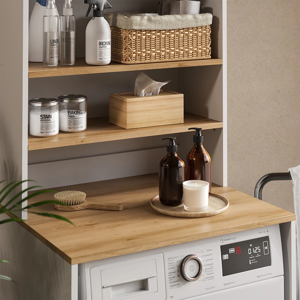 Primo piano di Mobile lavatrice in Bianco/Artisan, mostrando texture/dettagli