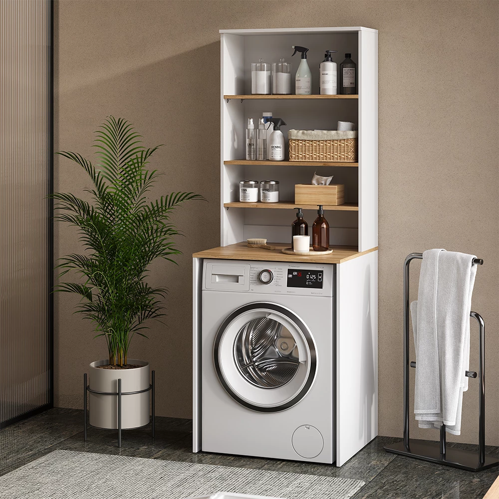 Mobile lavatrice in Bianco/Artisan, mostrato in un ambiente ambientale con decorazioni