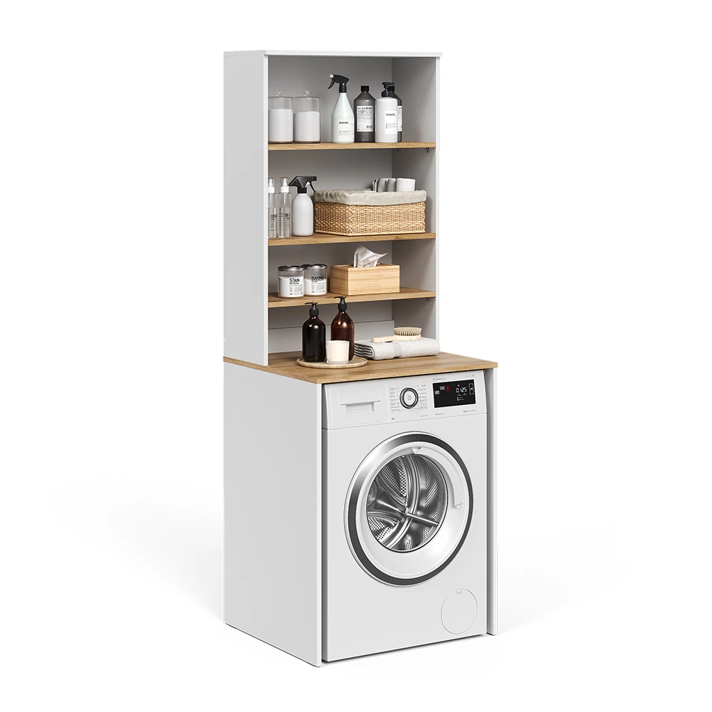 Mobile lavatrice in Bianco/Artisan su sfondo bianco con elementi decorativi