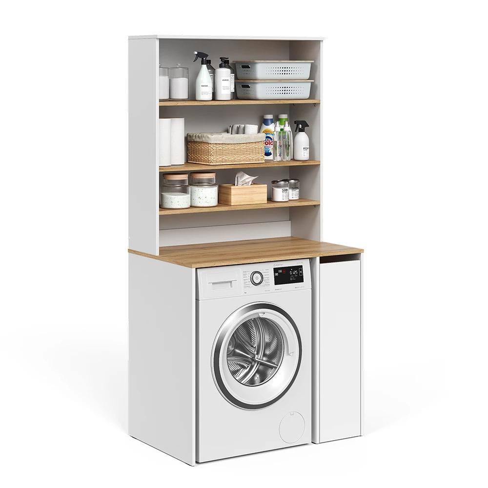 Mobile lavatrice in Bianco/Artisan su sfondo bianco con elementi decorativi