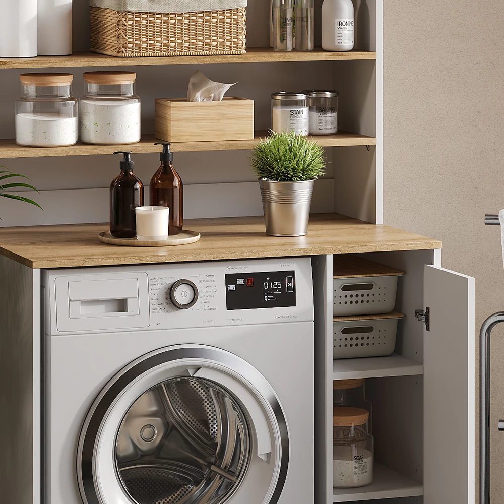 Primo piano di Mobile lavatrice in Bianco/Artisan, mostrando texture/dettagli