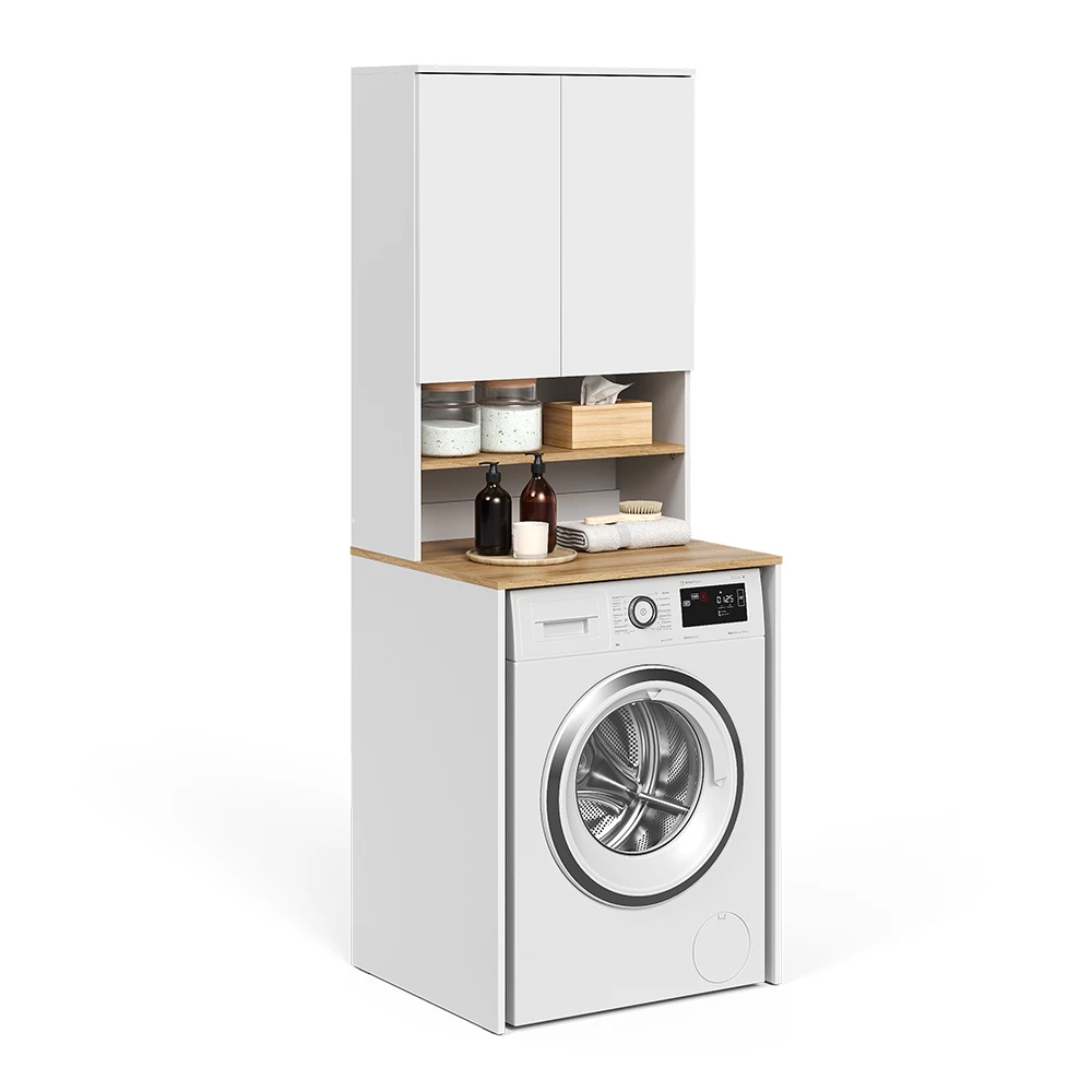 Wasmachinekast in Wit/Kunstnijverheid op een witte achtergrond met decoratieve elementen