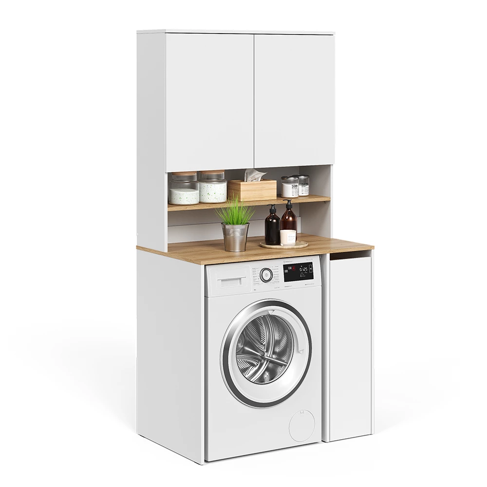 Wasmachinekast in Wit/Kunstnijverheid op een witte achtergrond met decoratieve elementen